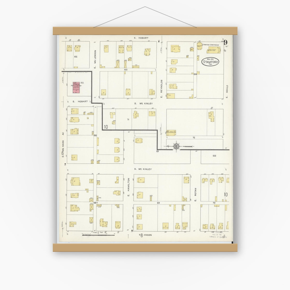 Old map wall art mockup — magnetic wood frame on white wall — Sanborn Fire Insurance Map from Stamford, Jones County, Texas (1913), Sheet #0009