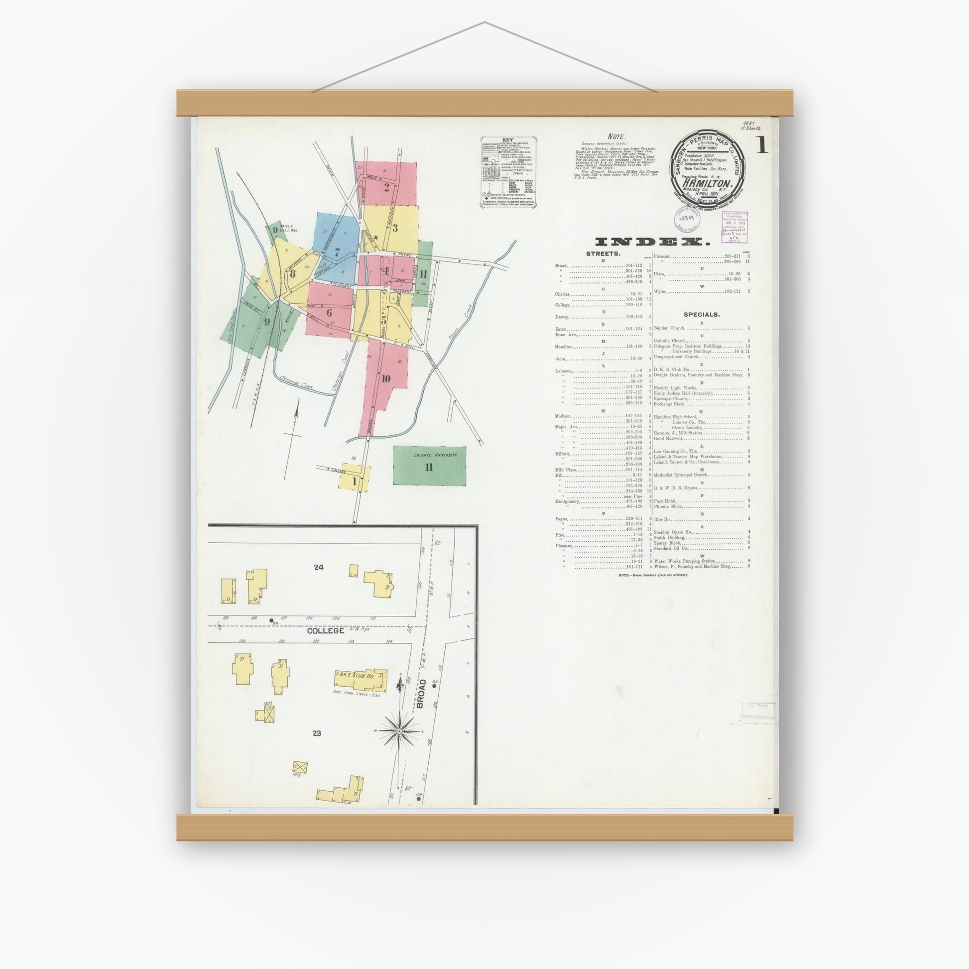 Old map wall art mockup — magnetic wood frame on white wall — Sanborn Fire Insurance Map from Hamilton, Madison County, New York (1901), Sheet #0001