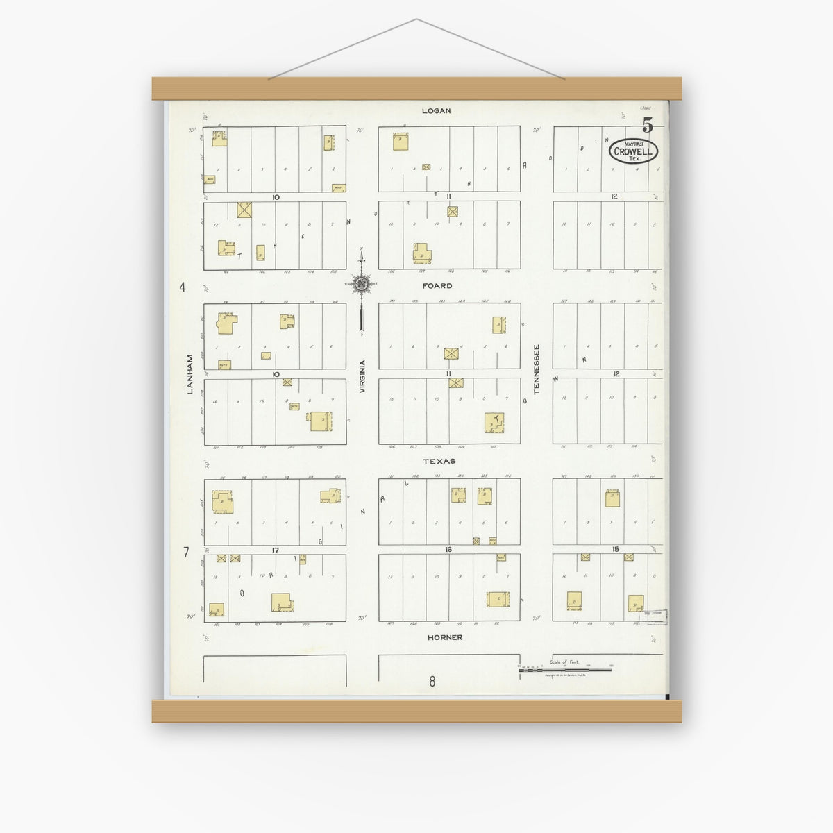Old map wall art mockup — magnetic wood frame on white wall — Sanborn Fire Insurance Map from Crowell, Foard County, Texas (1921), Sheet #0005