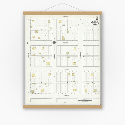 Old map wall art mockup — magnetic wood frame on white wall — Sanborn Fire Insurance Map from Crowell, Foard County, Texas (1921), Sheet #0005