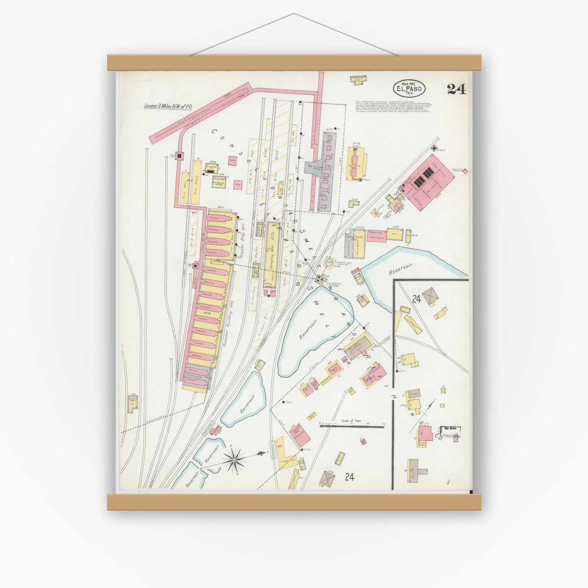 Old map wall art mockup — magnetic wood frame on white wall — Sanborn Fire Insurance Map from El Paso, El Paso County, Texas (1902), Sheet #0024