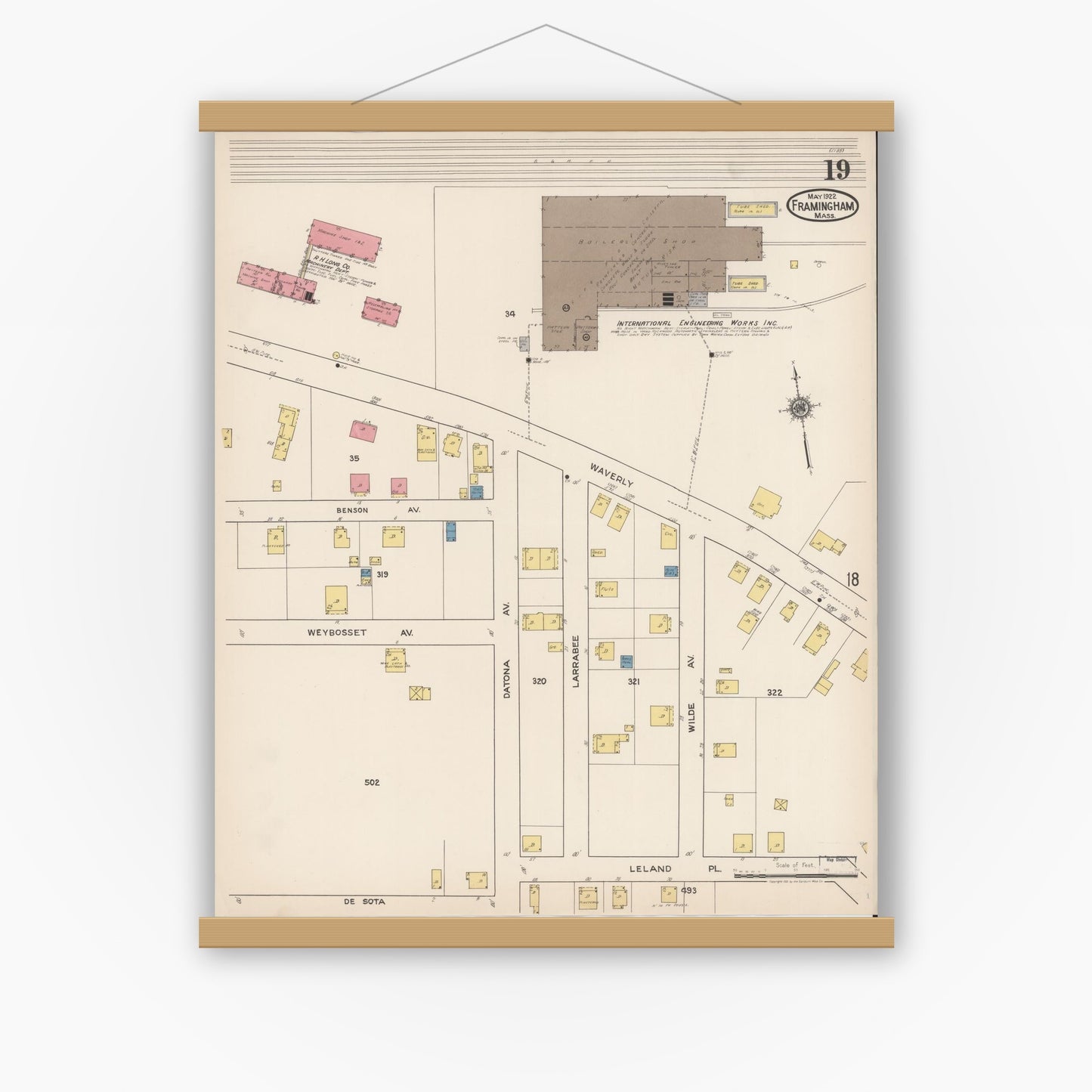 Old map wall art mockup — magnetic wood frame on white wall — Sanborn Fire Insurance Map from Framingham, Middlesex County, Massachusetts (1922), Sheet #0019