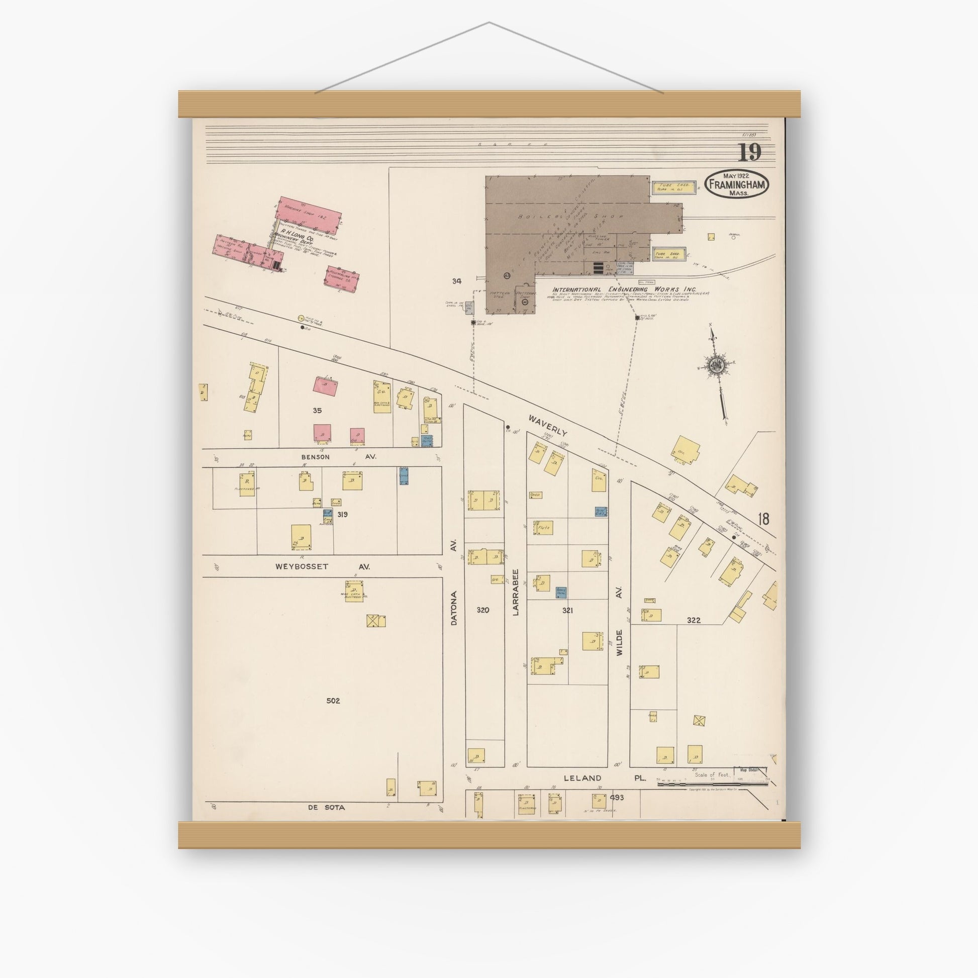 Old map wall art mockup — magnetic wood frame on white wall — Sanborn Fire Insurance Map from Framingham, Middlesex County, Massachusetts (1922), Sheet #0019