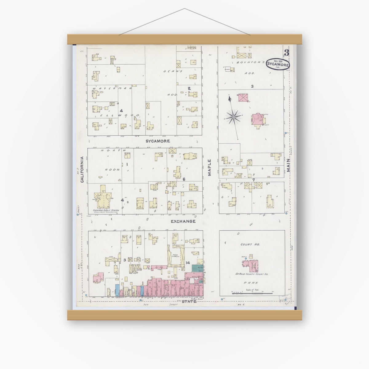 Old map wall art mockup — magnetic wood frame on white wall — Sanborn Fire Insurance Map from Sycamore, De Kalb County, Illinois (1891), Sheet #0003