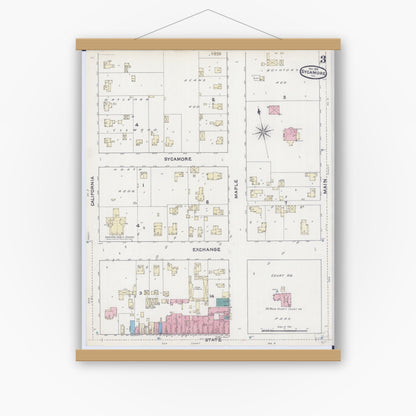 Old map wall art mockup — magnetic wood frame on white wall — Sanborn Fire Insurance Map from Sycamore, De Kalb County, Illinois (1891), Sheet #0003
