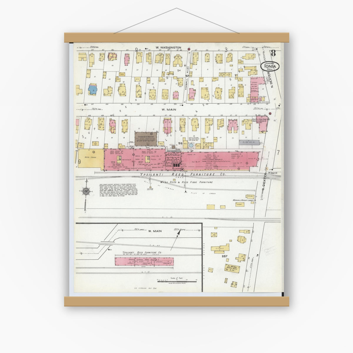 Old map wall art mockup — magnetic wood frame on white wall — Sanborn Fire Insurance Map from Ionia, Ionia County, Michigan (1920), Sheet #0008