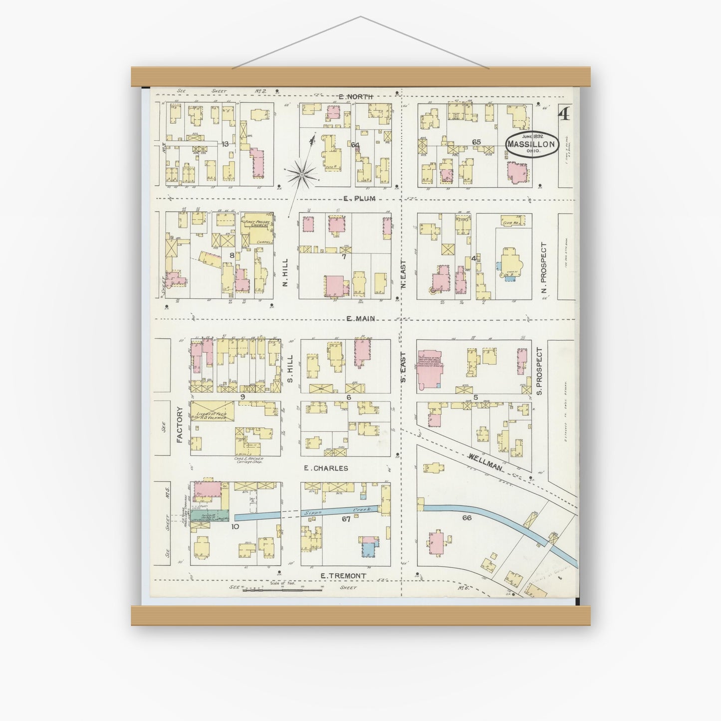 Old map wall art mockup — magnetic wood frame on white wall — Sanborn Fire Insurance Map from Massillon, Stark County, Ohio (1892), Sheet #0004