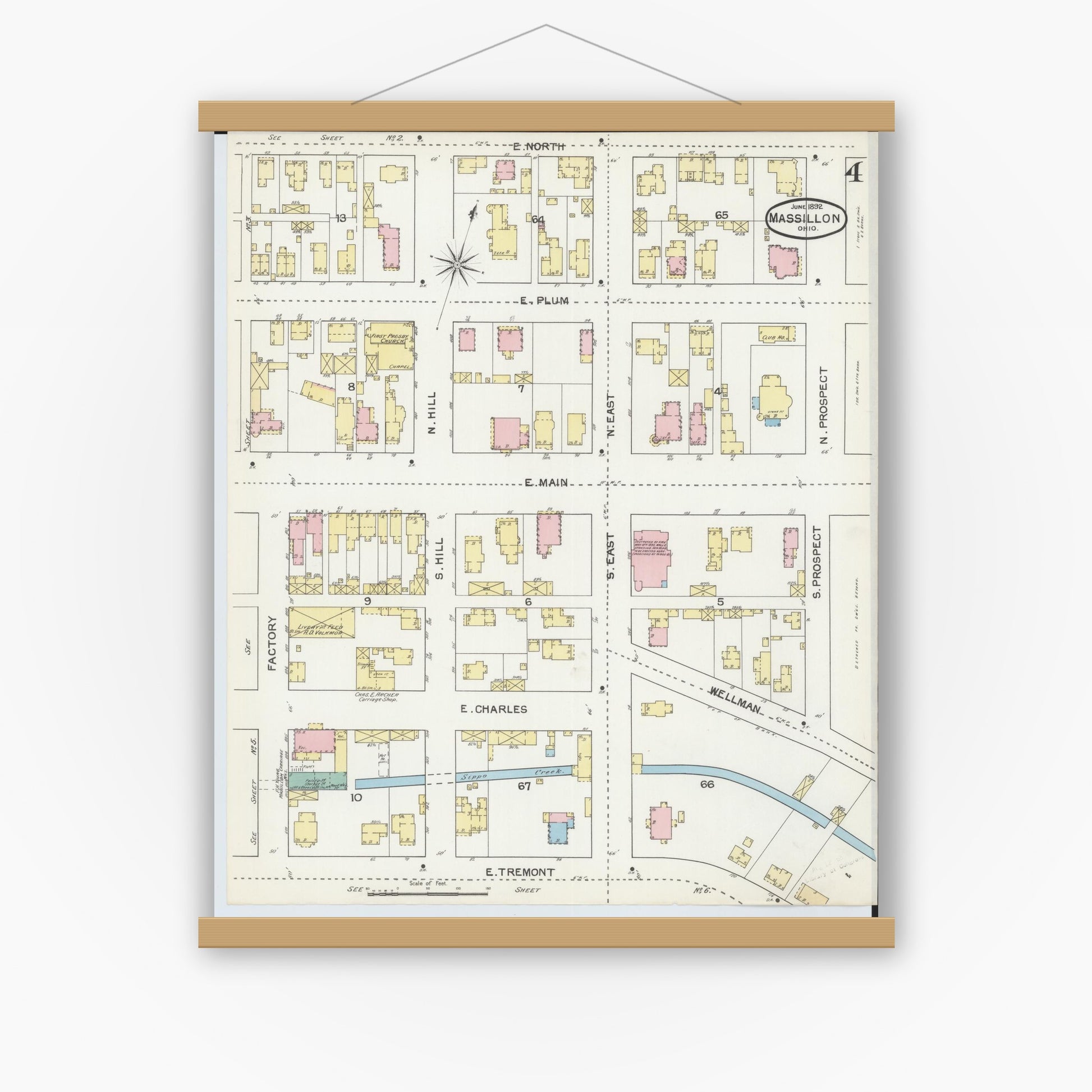 Old map wall art mockup — magnetic wood frame on white wall — Sanborn Fire Insurance Map from Massillon, Stark County, Ohio (1892), Sheet #0004