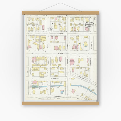 Old map wall art mockup — magnetic wood frame on white wall — Sanborn Fire Insurance Map from Massillon, Stark County, Ohio (1892), Sheet #0004