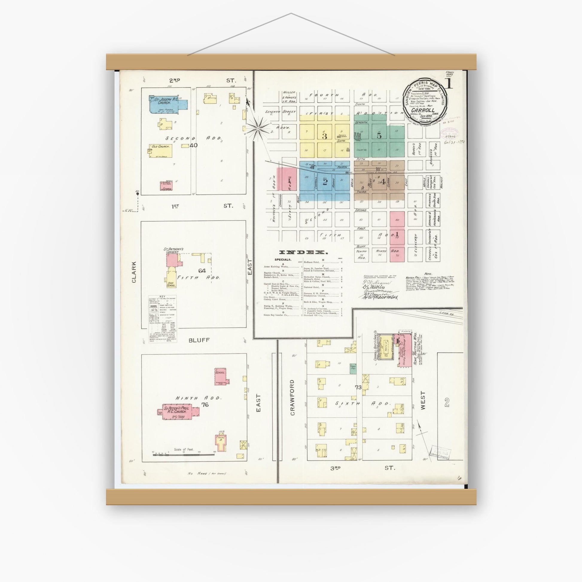 Old map wall art mockup — magnetic wood frame on white wall — Sanborn Fire Insurance Map from Carroll, Carroll County, Iowa (1893) â€” Complete Set