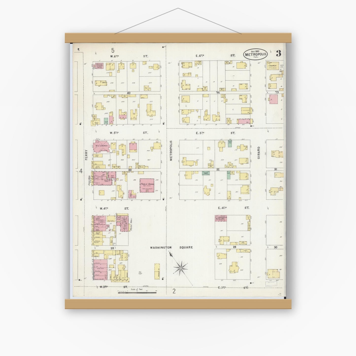 Old map wall art mockup — magnetic wood frame on white wall — Sanborn Fire Insurance Map from Metropolis, Massac County, Illinois (1897), Sheet #0003