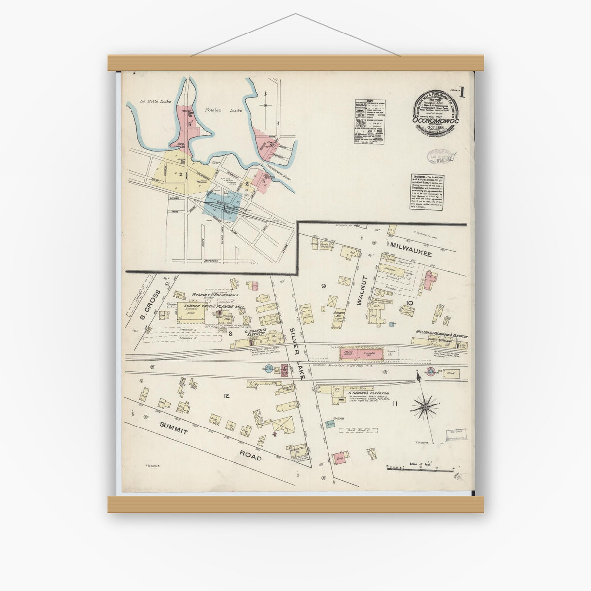 Old map wall art mockup — magnetic wood frame on white wall — Sanborn Fire Insurance Map from Oconomowoc, Waukesha County, Wisconsin (1884), Sheet #0001
