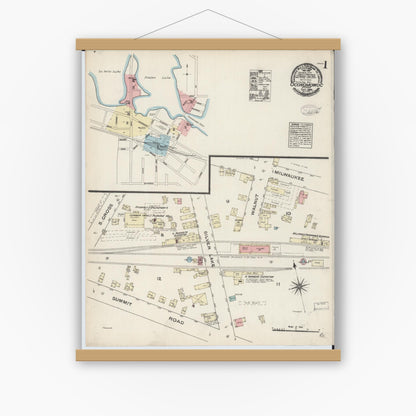 Old map wall art mockup — magnetic wood frame on white wall — Sanborn Fire Insurance Map from Oconomowoc, Waukesha County, Wisconsin (1884), Sheet #0001