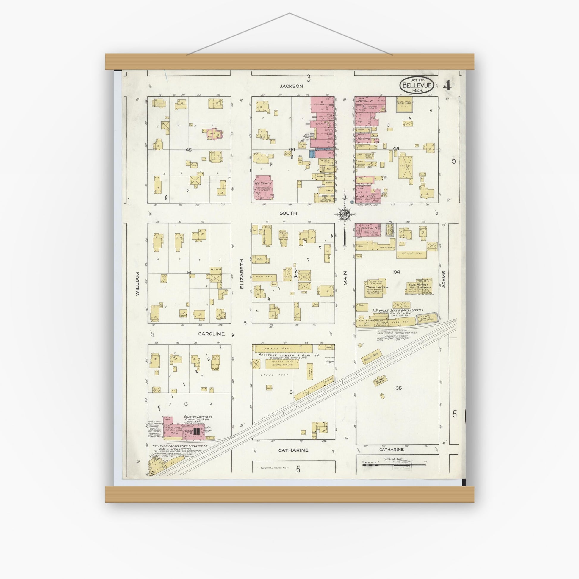 Old map wall art mockup — magnetic wood frame on white wall — Sanborn Fire Insurance Map from Bellevue, Eaton County, Michigan (1916), Sheet #0004