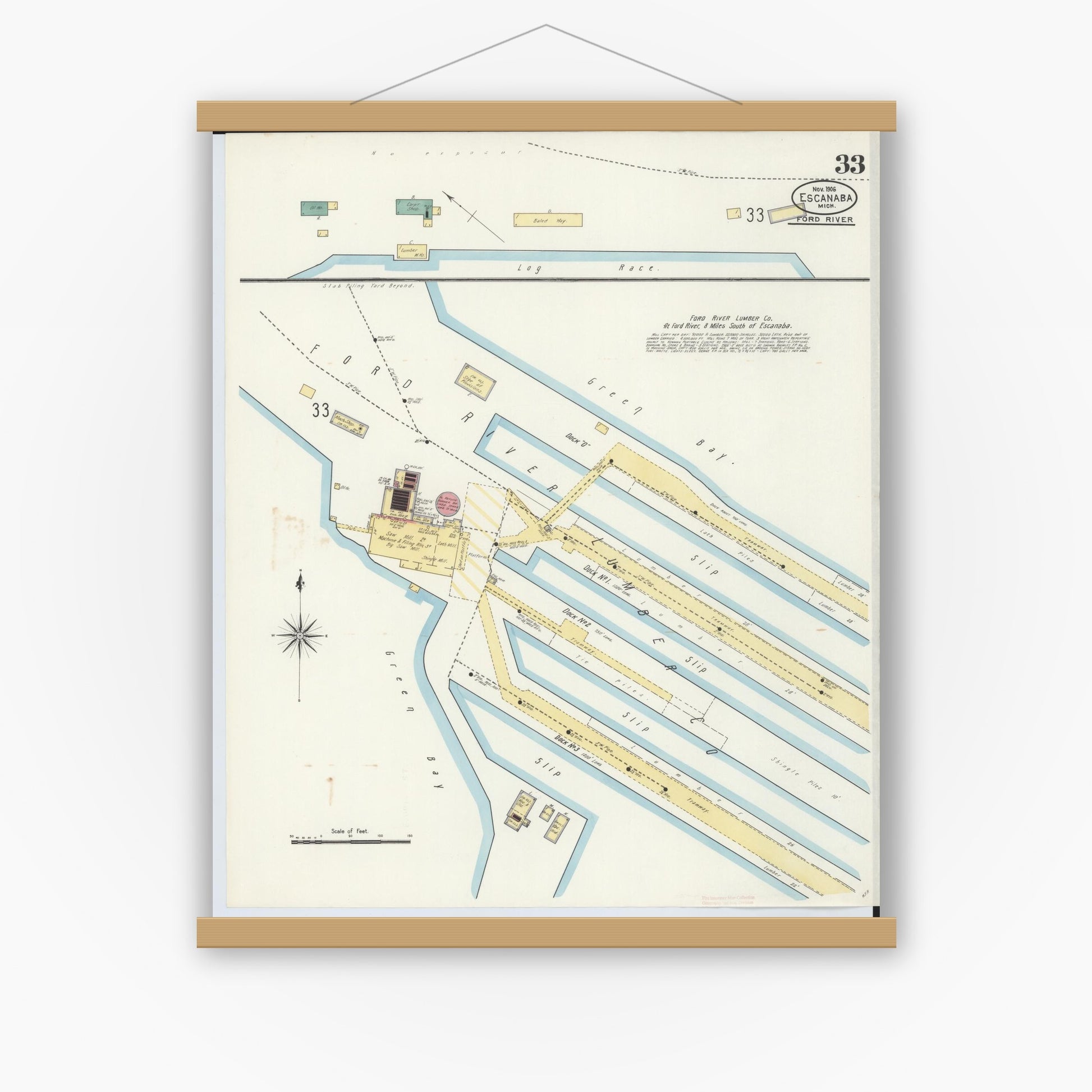 Old map wall art mockup — magnetic wood frame on white wall — Sanborn Fire Insurance Map from Escanaba, Delta County, Michigan (1906), Sheet #0033