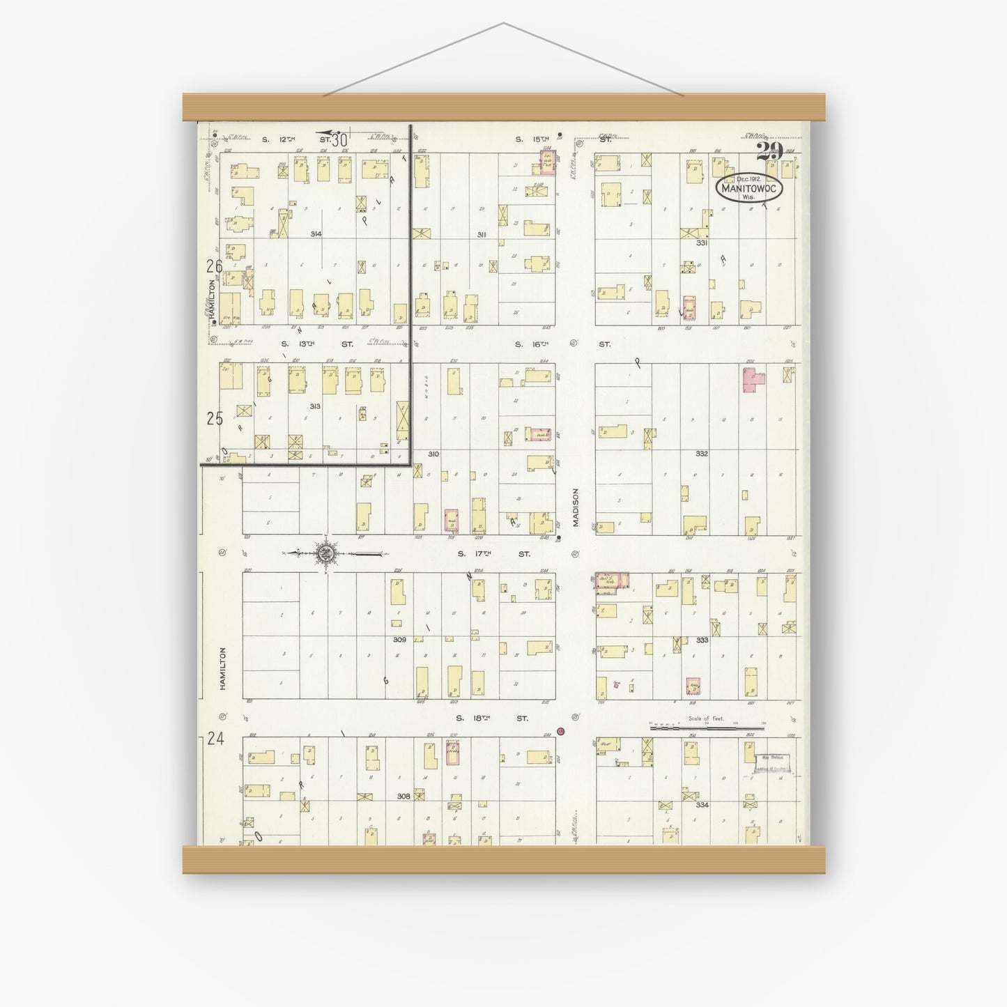 Old map wall art mockup — magnetic wood frame on white wall — Sanborn Fire Insurance Map from Manitowoc, Manitowoc County, Wisconsin (1912), Sheet #0029