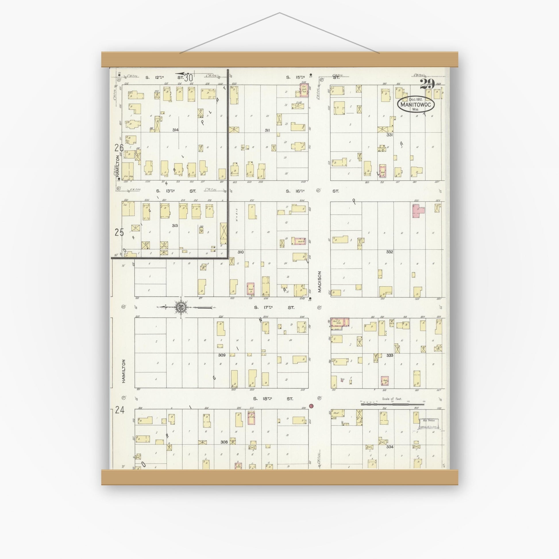 Old map wall art mockup — magnetic wood frame on white wall — Sanborn Fire Insurance Map from Manitowoc, Manitowoc County, Wisconsin (1912), Sheet #0029