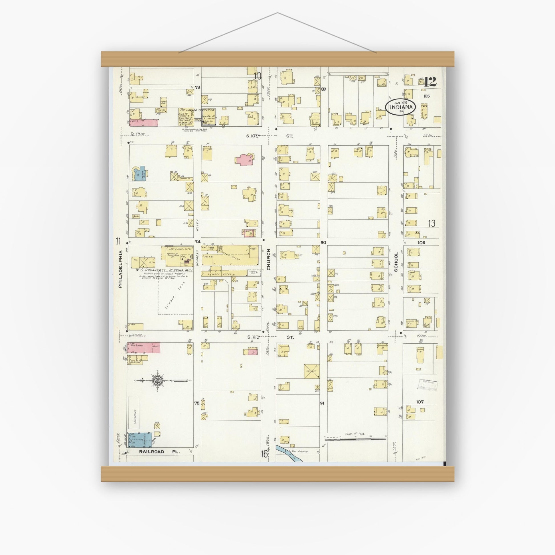 Old map wall art mockup — magnetic wood frame on white wall — Sanborn Fire Insurance Map from Indiana, Indiana County, Pennsylvania (1910), Sheet #0012