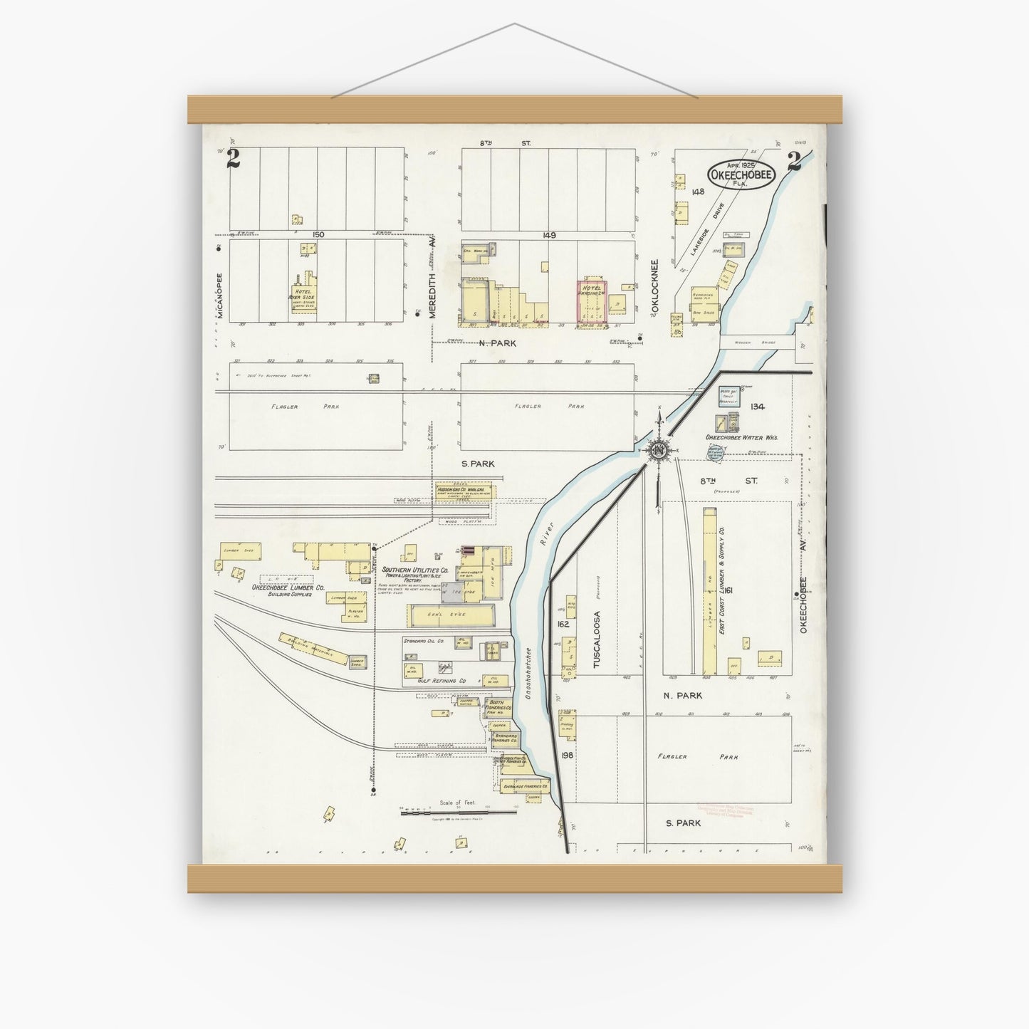 Old map wall art mockup — magnetic wood frame on white wall — Sanborn Fire Insurance Map from Okeechobee, Okeechobee County, Florida (1925), Sheet #0002