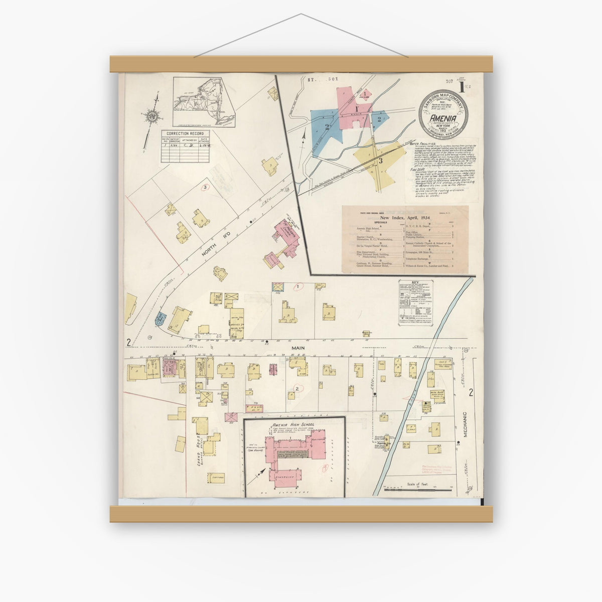 Old map wall art mockup — magnetic wood frame on white wall — Sanborn Fire Insurance Map from Amenia, Dutchess County, New York (1934) - Complete Map Set