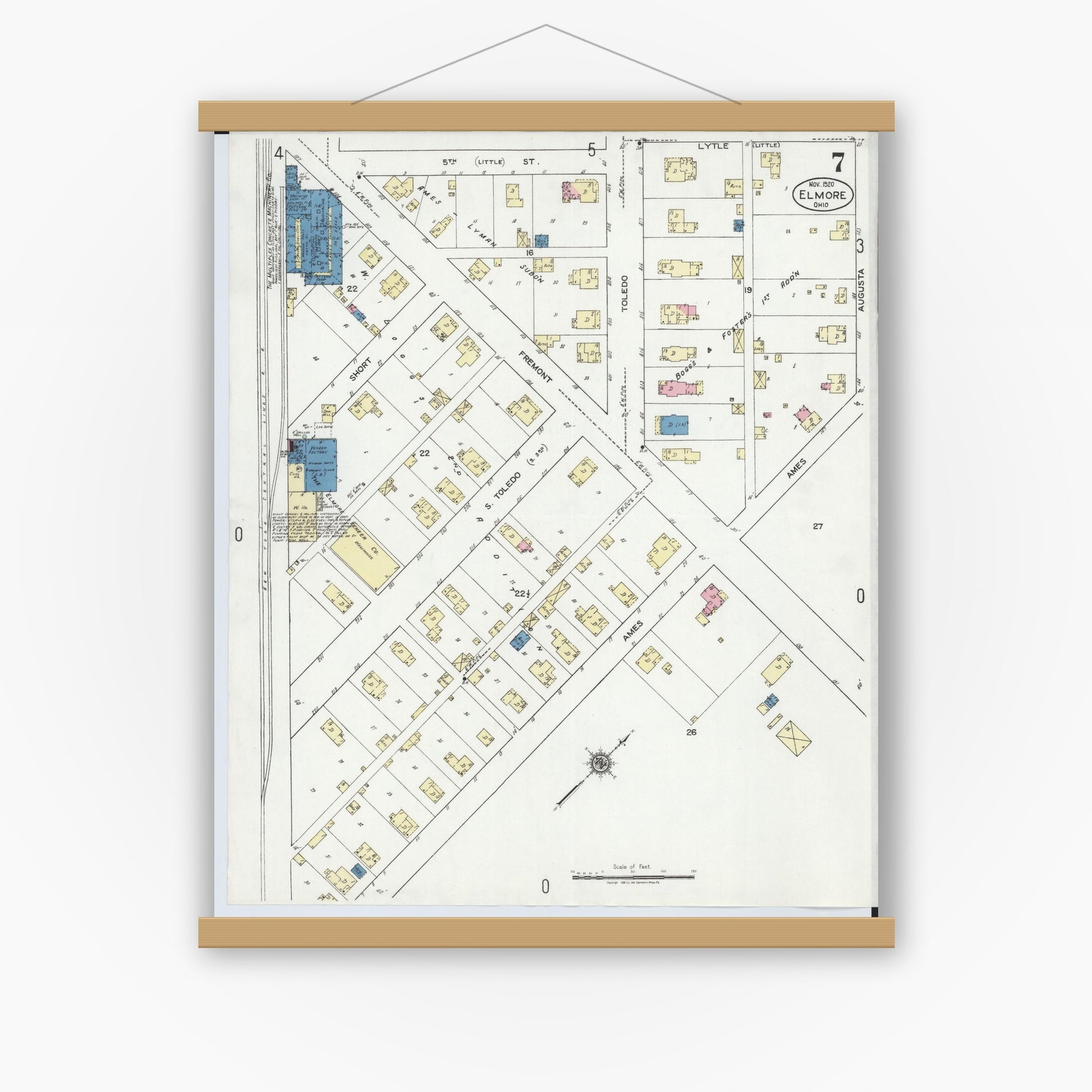 Old map wall art mockup — magnetic wood frame on white wall — Sanborn Fire Insurance Map from Elmore, Ottawa County, Ohio (1920), Sheet #0007
