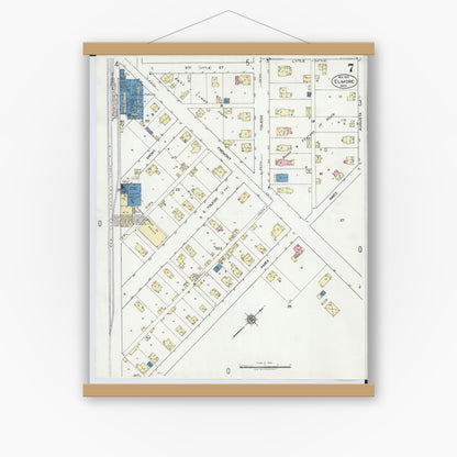 Old map wall art mockup — magnetic wood frame on white wall — Sanborn Fire Insurance Map from Elmore, Ottawa County, Ohio (1920), Sheet #0007