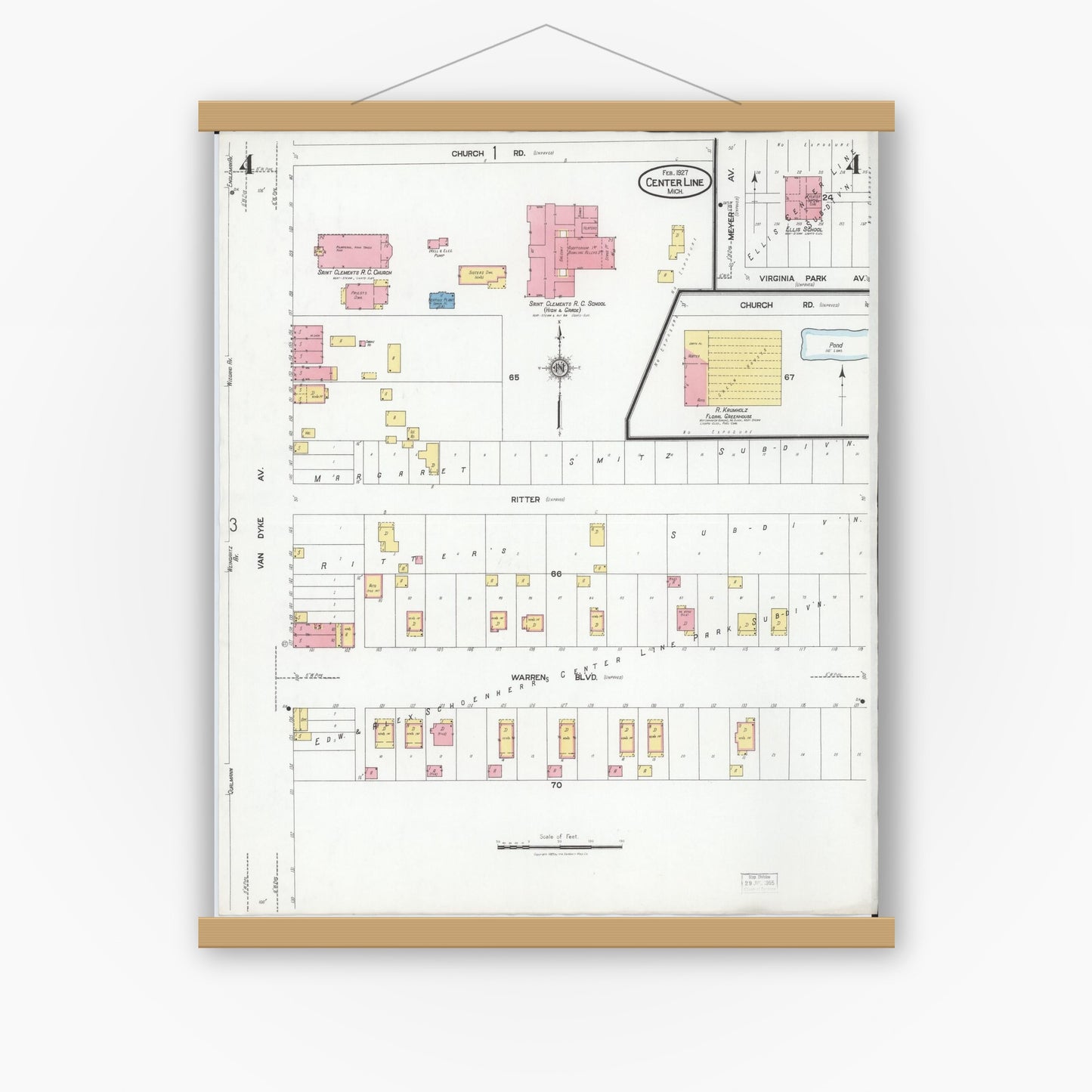 Old map wall art mockup — magnetic wood frame on white wall — Sanborn Fire Insurance Map from Center Line, Macomb County, Michigan (1927), Sheet #0004