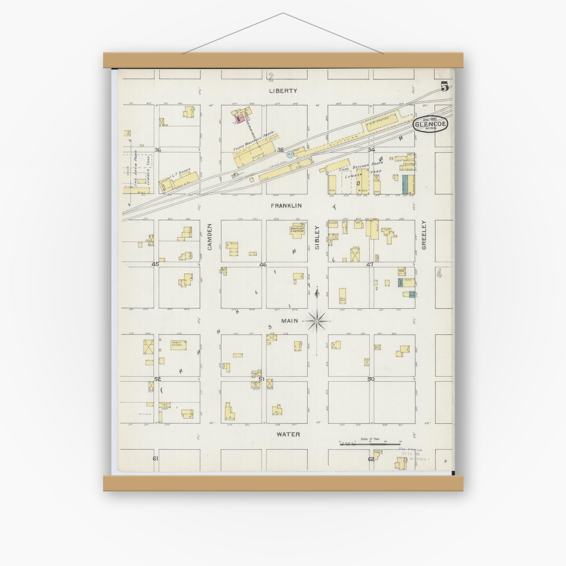 Old map wall art mockup — magnetic wood frame on white wall — Sanborn Fire Insurance Map from Glencoe, Mcleod County, Minnesota (1893), Sheet #0005