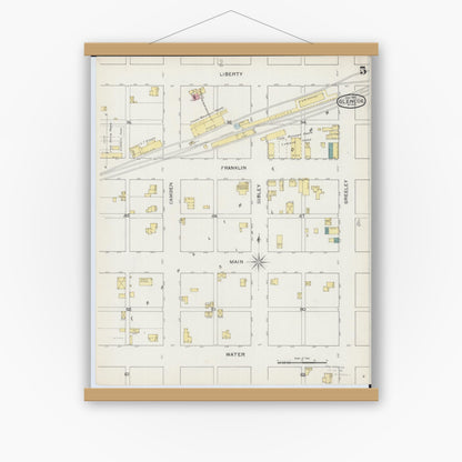 Old map wall art mockup — magnetic wood frame on white wall — Sanborn Fire Insurance Map from Glencoe, Mcleod County, Minnesota (1893), Sheet #0005