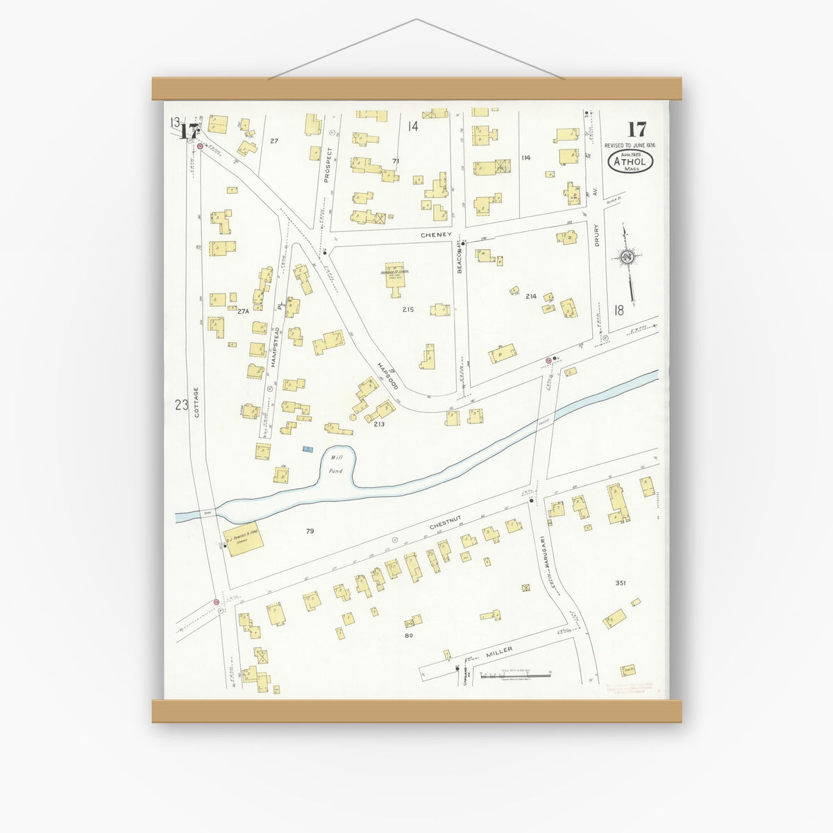 Old map wall art mockup — magnetic wood frame on white wall — Sanborn Fire Insurance Map from Athol, Worcester County, Massachusetts (1936), Sheet #0017