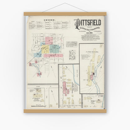 Old map wall art mockup — magnetic wood frame on white wall — Sanborn Fire Insurance Map from Pittsfield, Berkshire County, Massachusetts (1884) - Complete Map Set