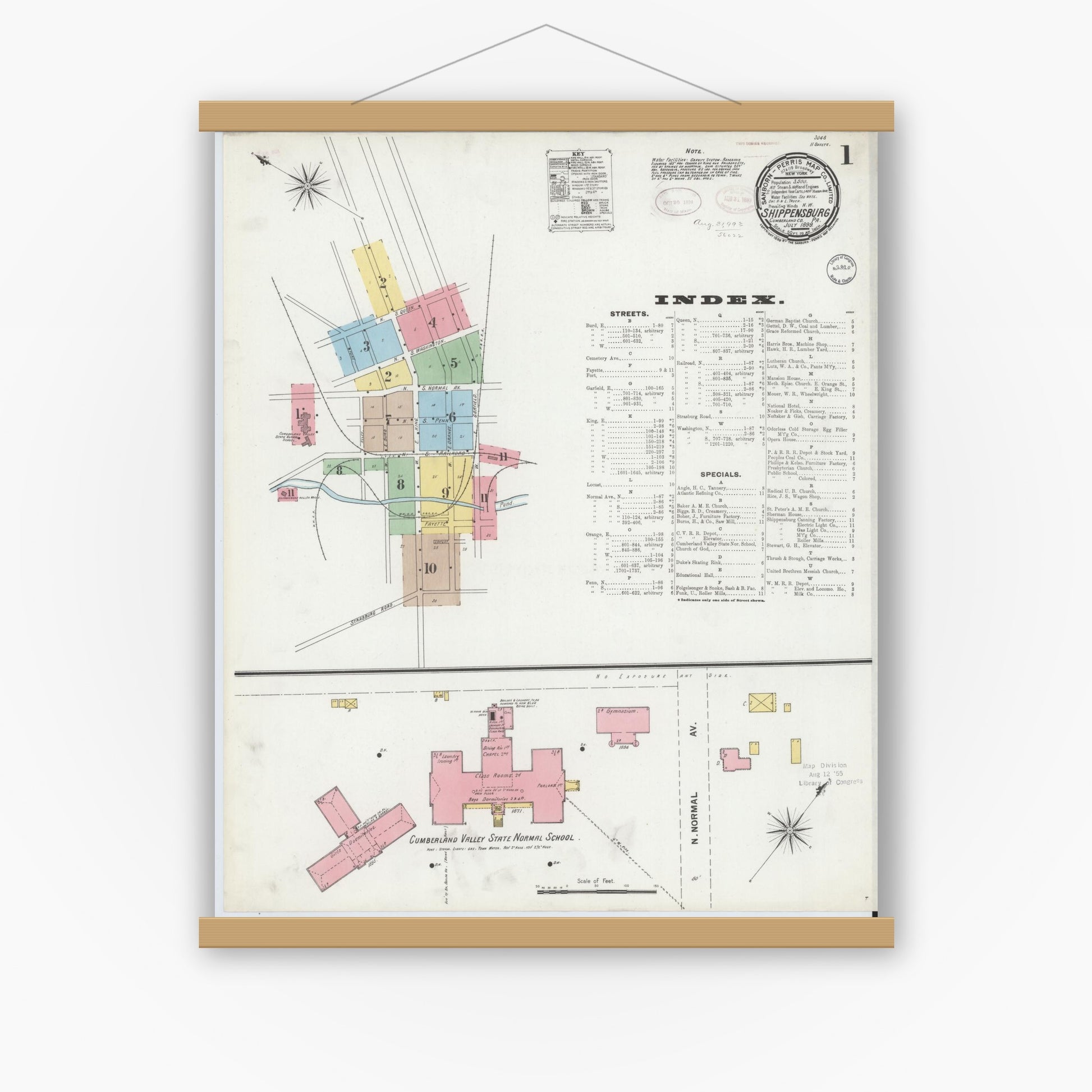 Old map wall art mockup — magnetic wood frame on white wall — Sanborn Fire Insurance Map from Shippensburg, Cumberland And Franklin Counties, Pennsylvania (1899) - Complete Map Set