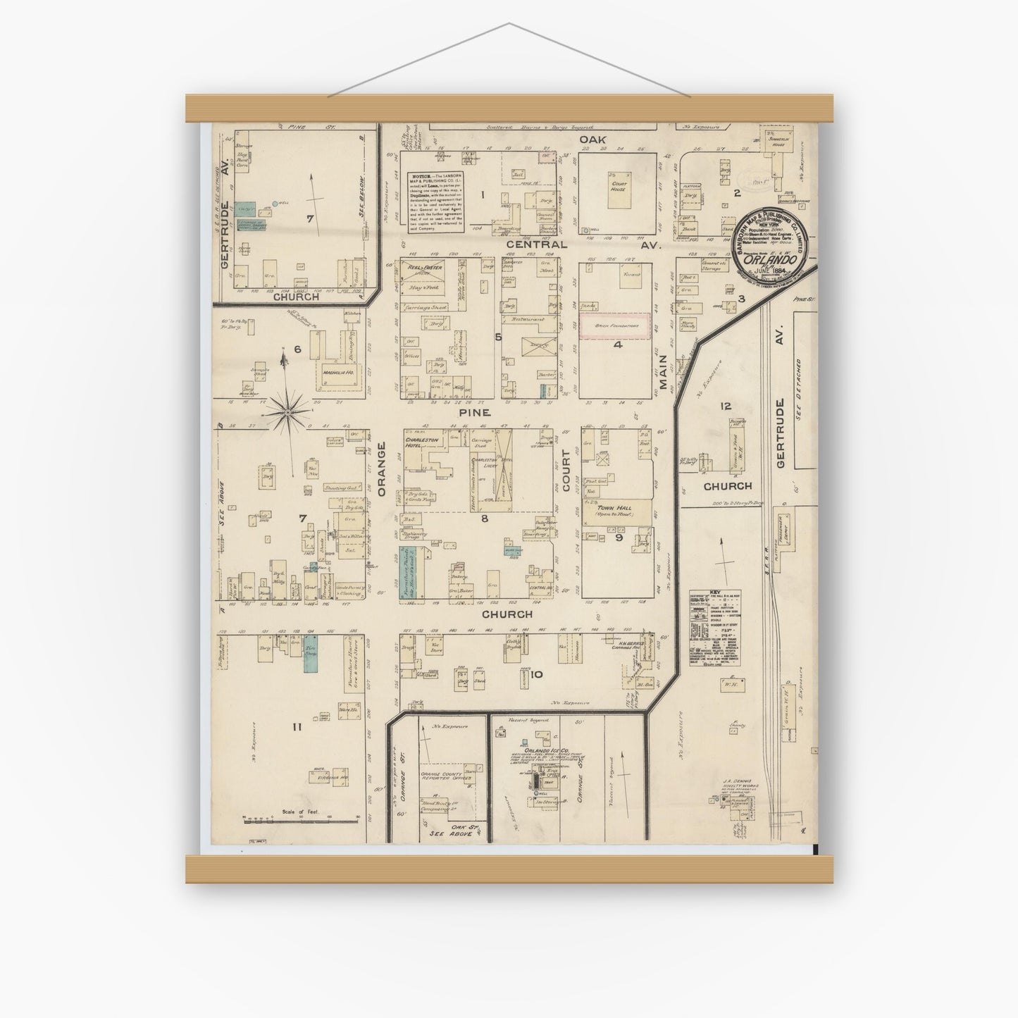 Old map wall art mockup — magnetic wood frame on white wall — Sanborn Fire Insurance Map from Orlando, Orange County, Florida (1884), Sheet #0001