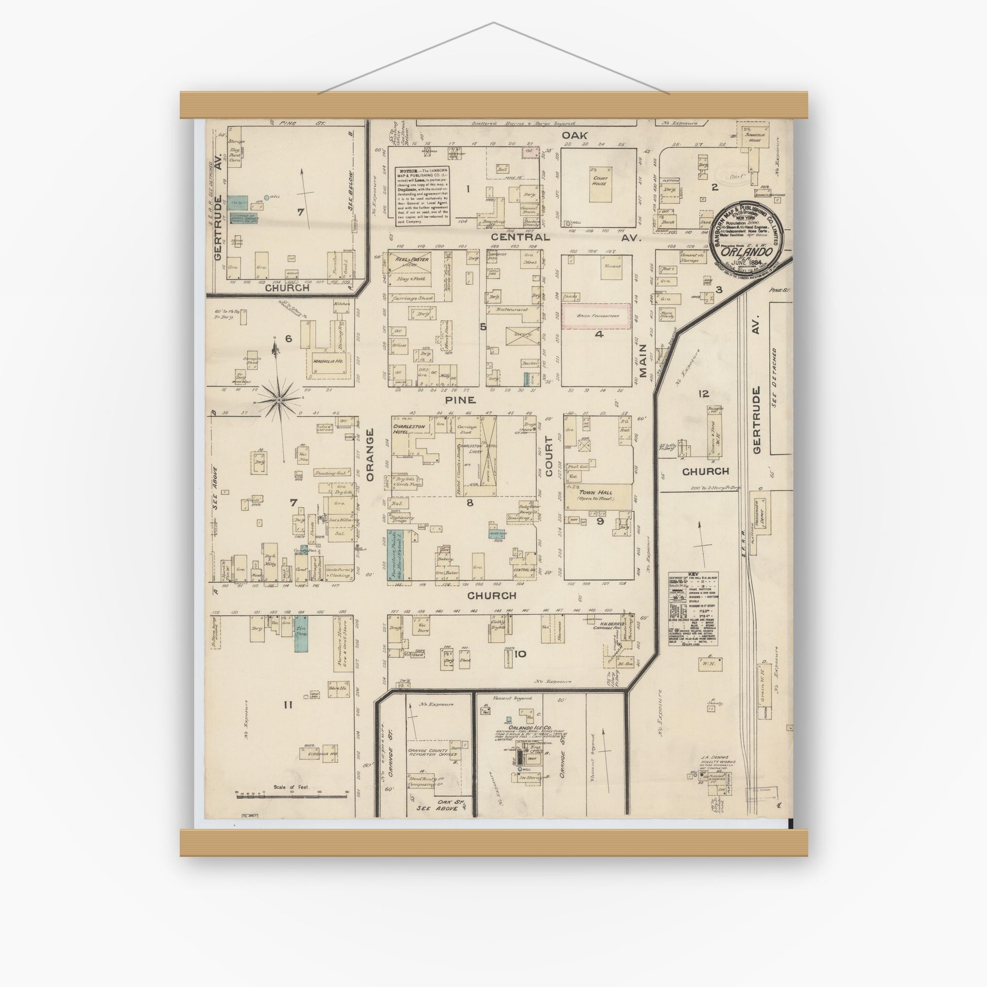 Old map wall art mockup — magnetic wood frame on white wall — Sanborn Fire Insurance Map from Orlando, Orange County, Florida (1884), Sheet #0001