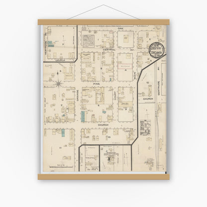 Old map wall art mockup — magnetic wood frame on white wall — Sanborn Fire Insurance Map from Orlando, Orange County, Florida (1884), Sheet #0001