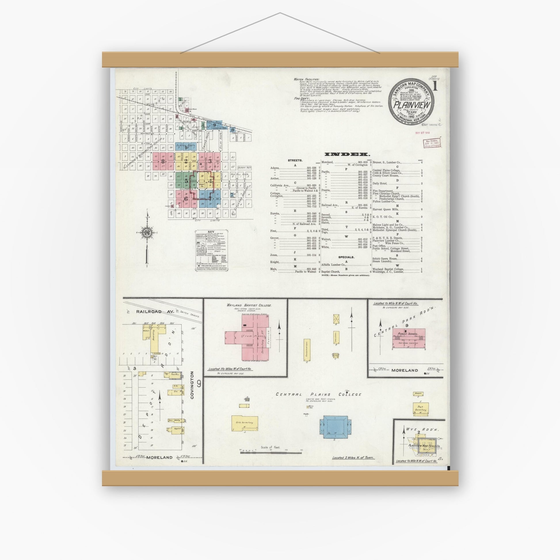 Old map wall art mockup — magnetic wood frame on white wall — Sanborn Fire Insurance Map from Plainview, Hale County, Texas (1910), Sheet #0001