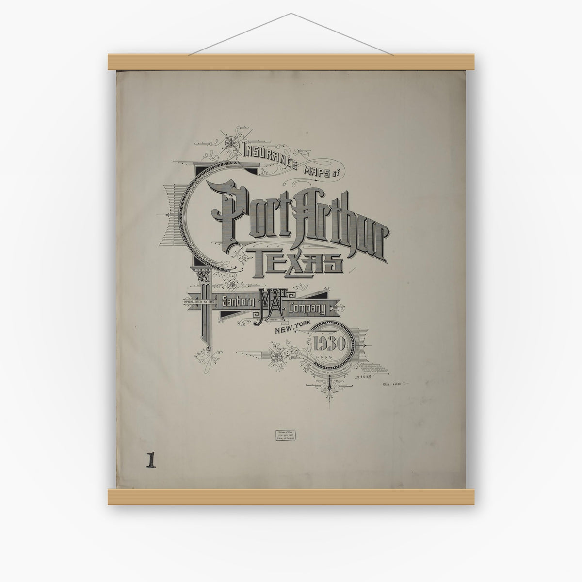 Old map wall art mockup — magnetic wood frame on white wall — Sanborn Fire Insurance Map from Port Arthur, Jefferson County, Texas (1930), Sheet #0001