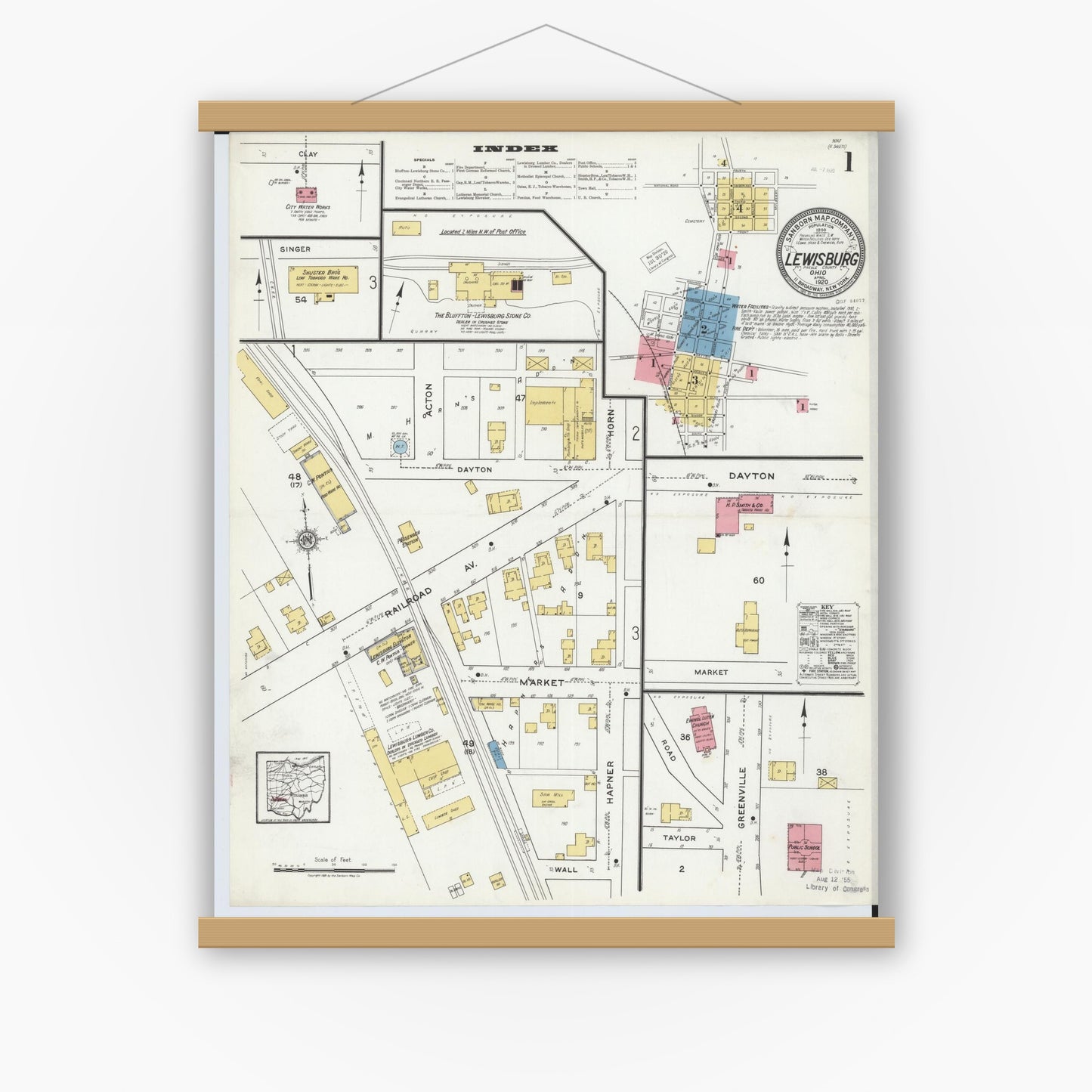 Old map wall art mockup — magnetic wood frame on white wall — Sanborn Fire Insurance Map from Lewisburg, Preble County, Ohio (1920) - Complete Map Set