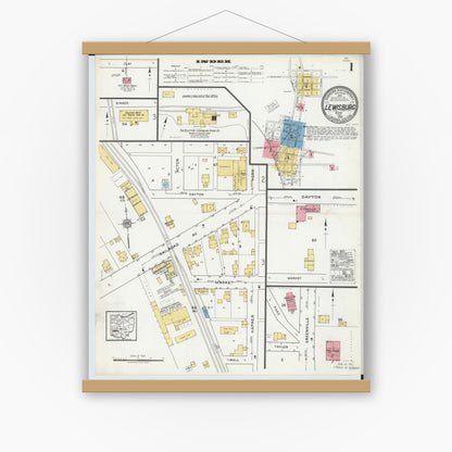 Old map wall art mockup — magnetic wood frame on white wall — Sanborn Fire Insurance Map from Lewisburg, Preble County, Ohio (1920) - Complete Map Set