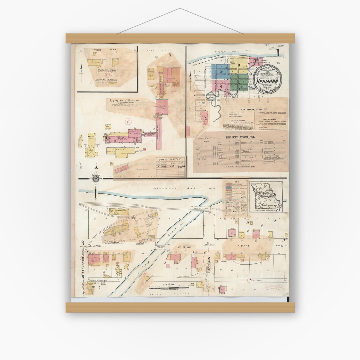 Old map wall art mockup — magnetic wood frame on white wall — Sanborn Fire Insurance Map from Hermann, Gasconade County, Missouri (1932) - Complete Map Set