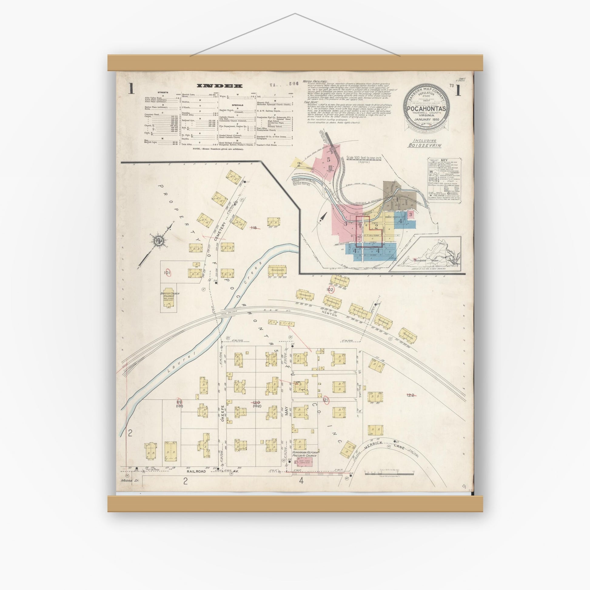 Old map wall art mockup — magnetic wood frame on white wall — Sanborn Fire Insurance Map from Pocahontas, Tazewell County, Virginia (1930) - Complete Map Set