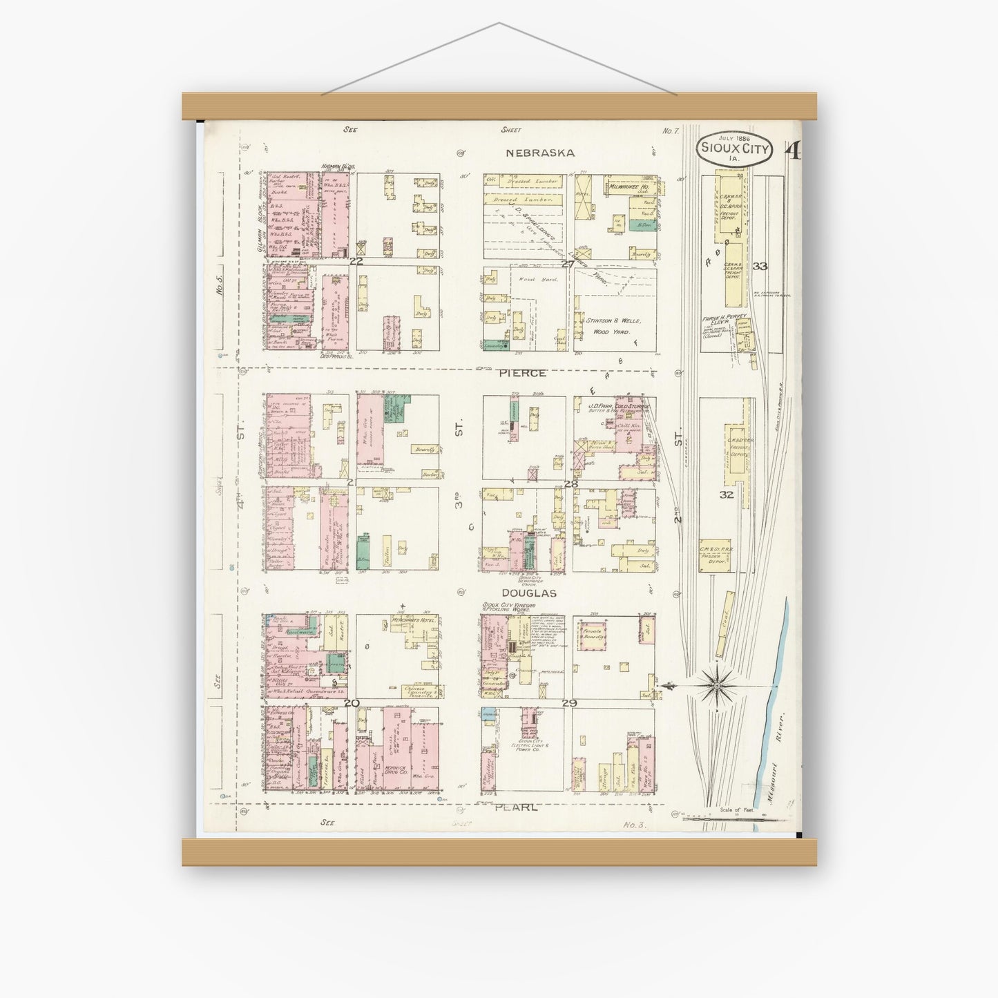 Old map wall art mockup — magnetic wood frame on white wall — Sanborn Fire Insurance Map from Sioux City, Woodbury County, Iowa (1886), Sheet #0004