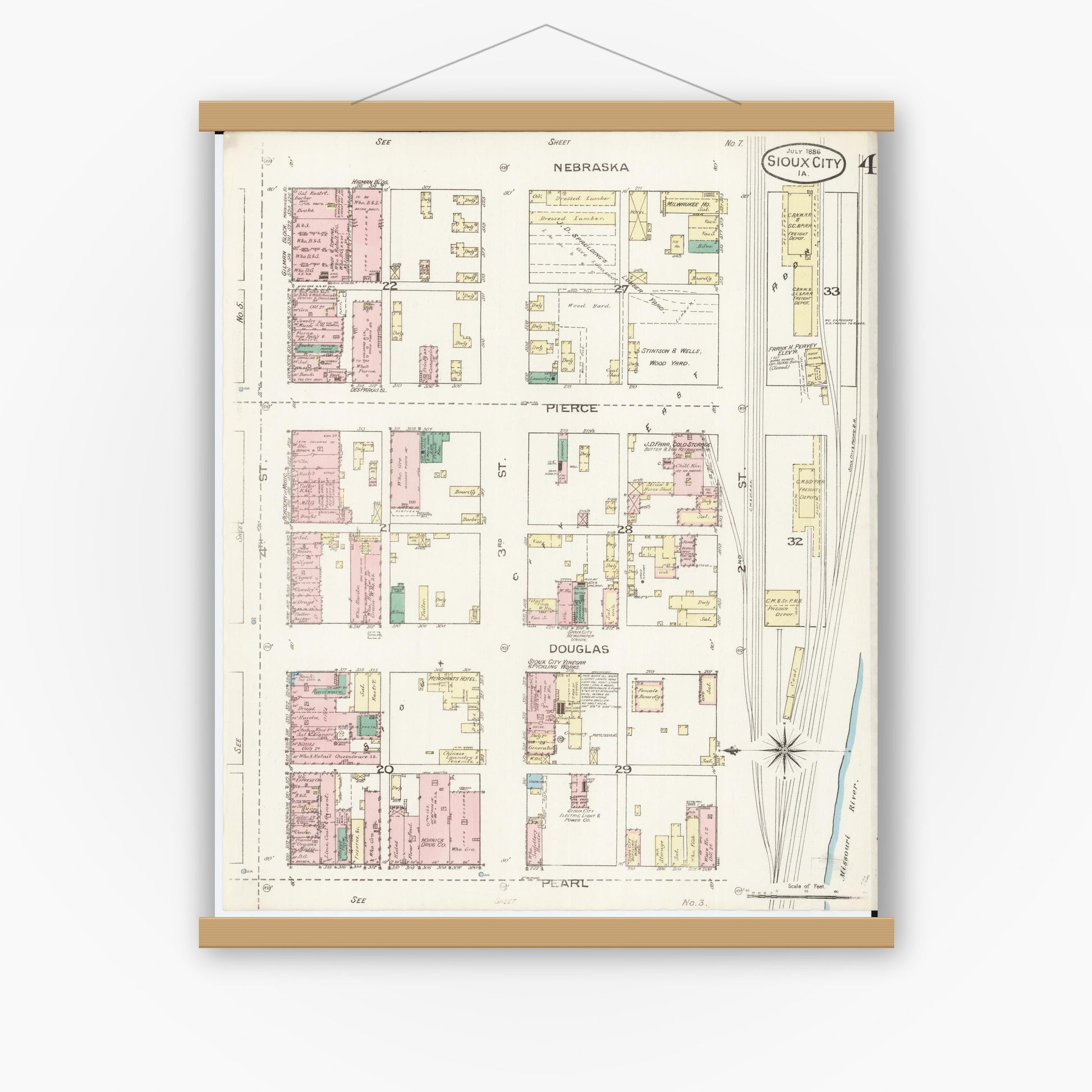 Old map wall art mockup — magnetic wood frame on white wall — Sanborn Fire Insurance Map from Sioux City, Woodbury County, Iowa (1886), Sheet #0004