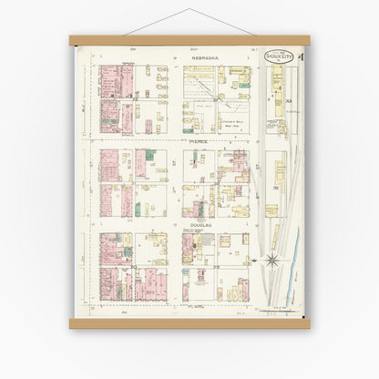 Old map wall art mockup — magnetic wood frame on white wall — Sanborn Fire Insurance Map from Sioux City, Woodbury County, Iowa (1886), Sheet #0004