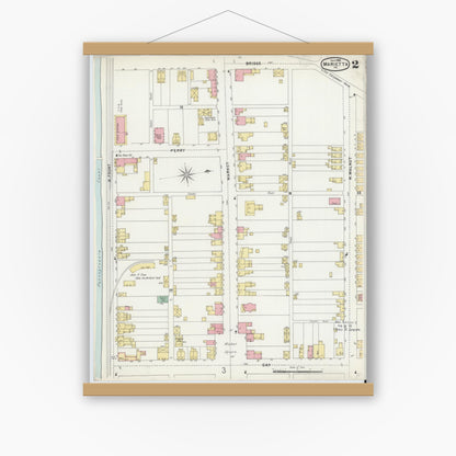 Old map wall art mockup — magnetic wood frame on white wall — Sanborn Fire Insurance Map from Marietta, Lancaster County, Pennsylvania (1896), Sheet #0002