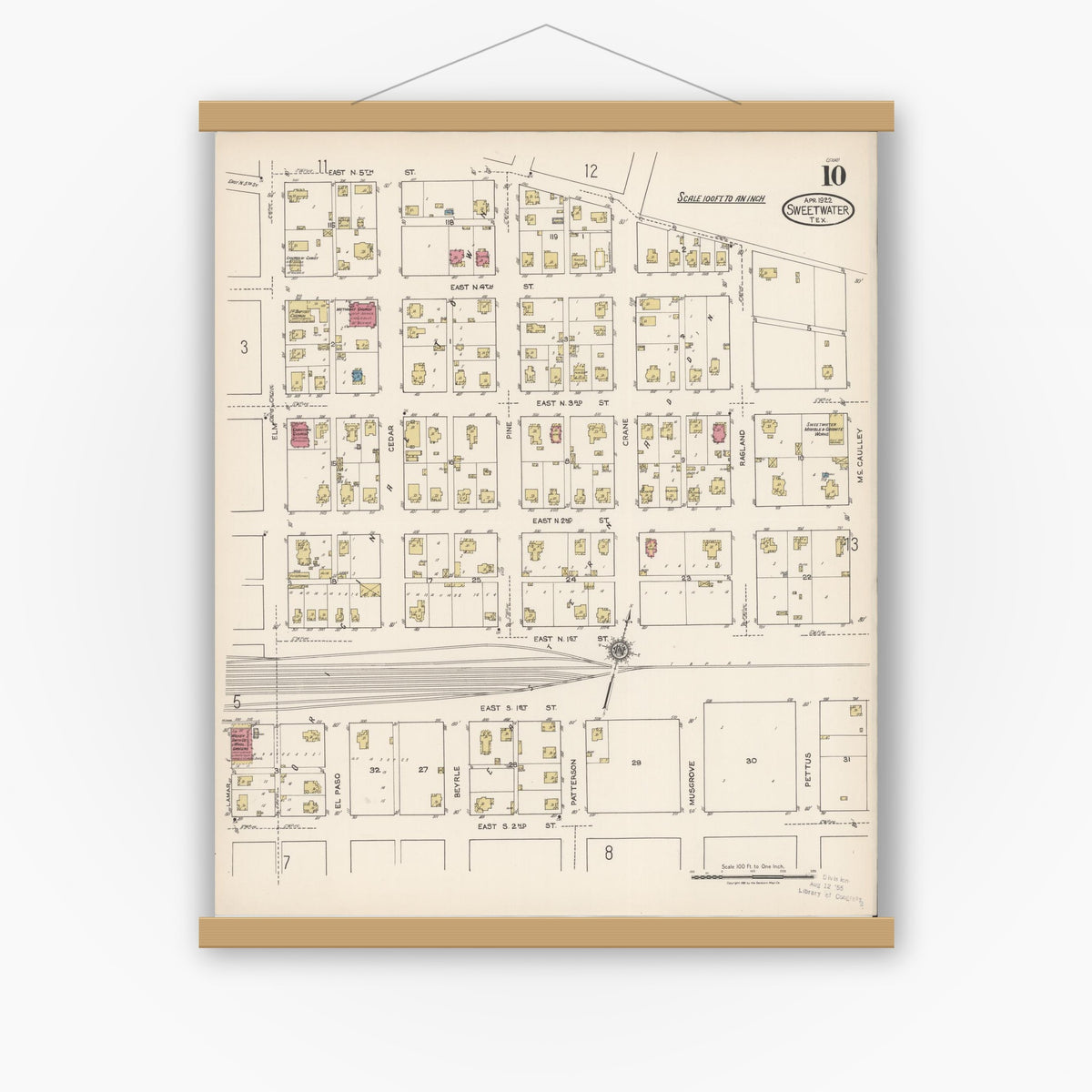 Old map wall art mockup — magnetic wood frame on white wall — Sanborn Fire Insurance Map from Sweetwater, Nolan County, Texas (1922), Sheet #0010