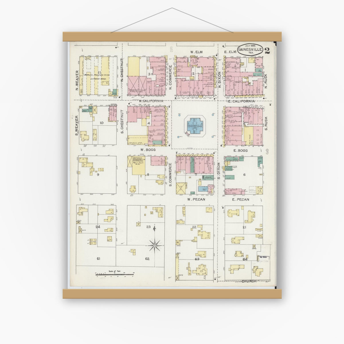 Old map wall art mockup — magnetic wood frame on white wall — Sanborn Fire Insurance Map from Gainesville, Cooke County, Texas (1892), Sheet #0002