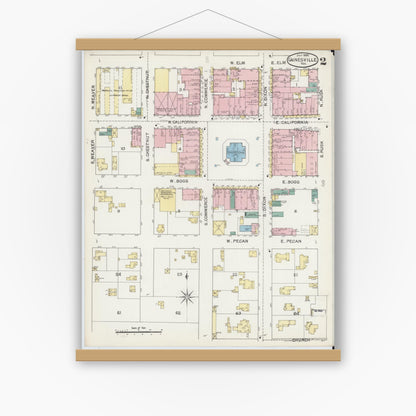 Old map wall art mockup — magnetic wood frame on white wall — Sanborn Fire Insurance Map from Gainesville, Cooke County, Texas (1892), Sheet #0002