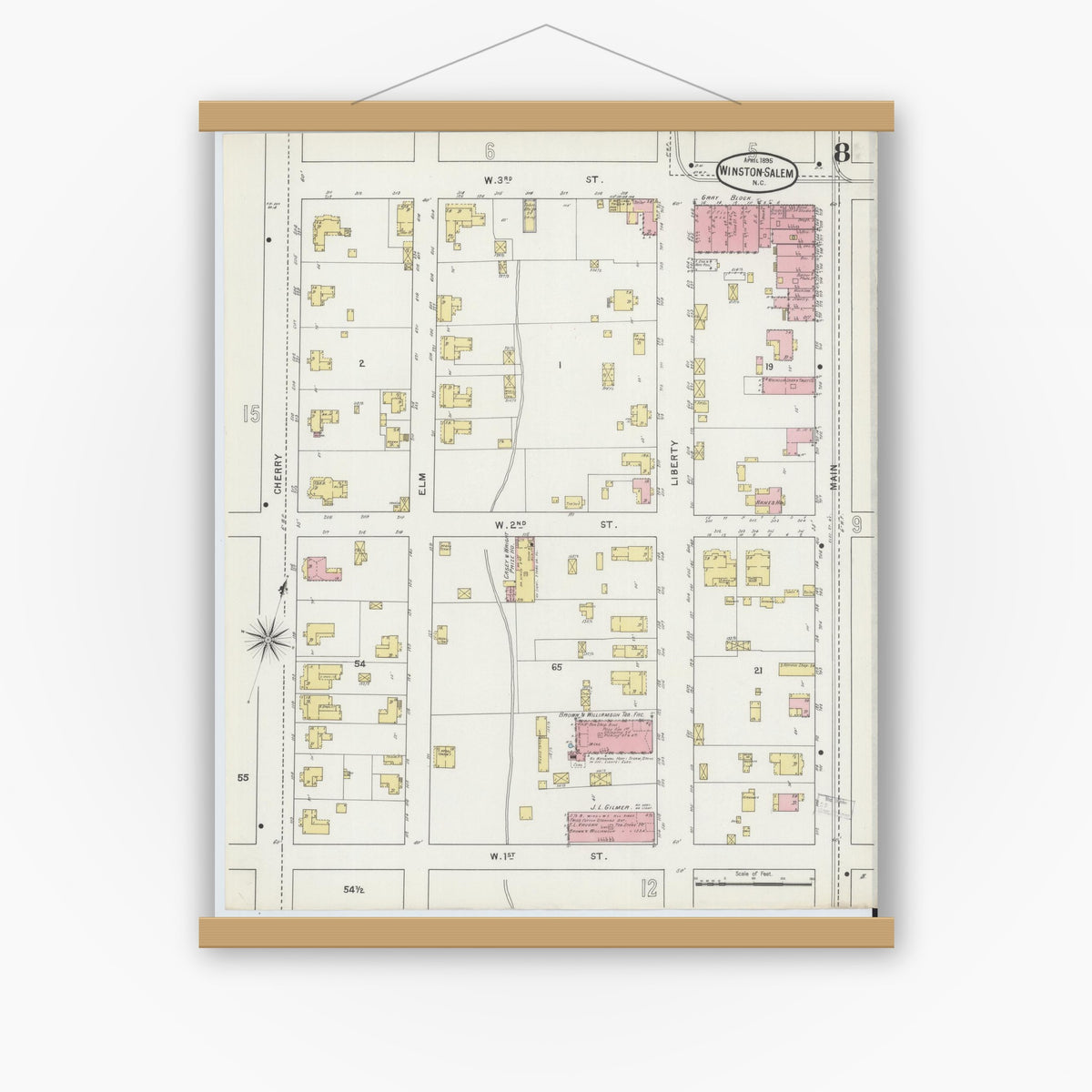Old map wall art mockup — magnetic wood frame on white wall — Sanborn Fire Insurance Map from Winston-Salem, Forsyth County, North Carolina (1895), Sheet #0008
