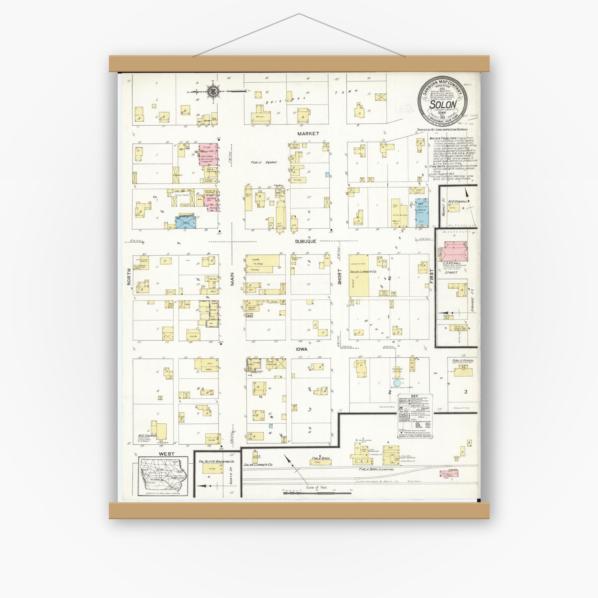 Old map wall art mockup — magnetic wood frame on white wall — Sanborn Fire Insurance Map from Solon, Johnson County, Iowa (1913), Sheet #0001